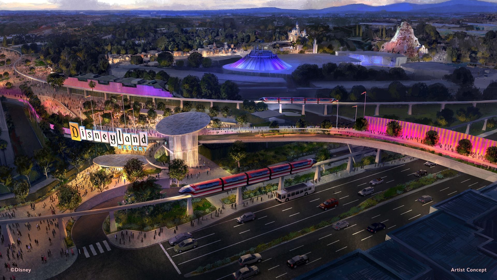Concept art du futur hub de transport de Disneyland