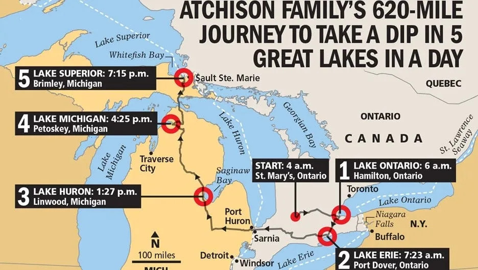 Carte du trajet emprunté en 2015 par les membres de la famille Atchison pour visiter les cinq Grands Lacs en une journée.