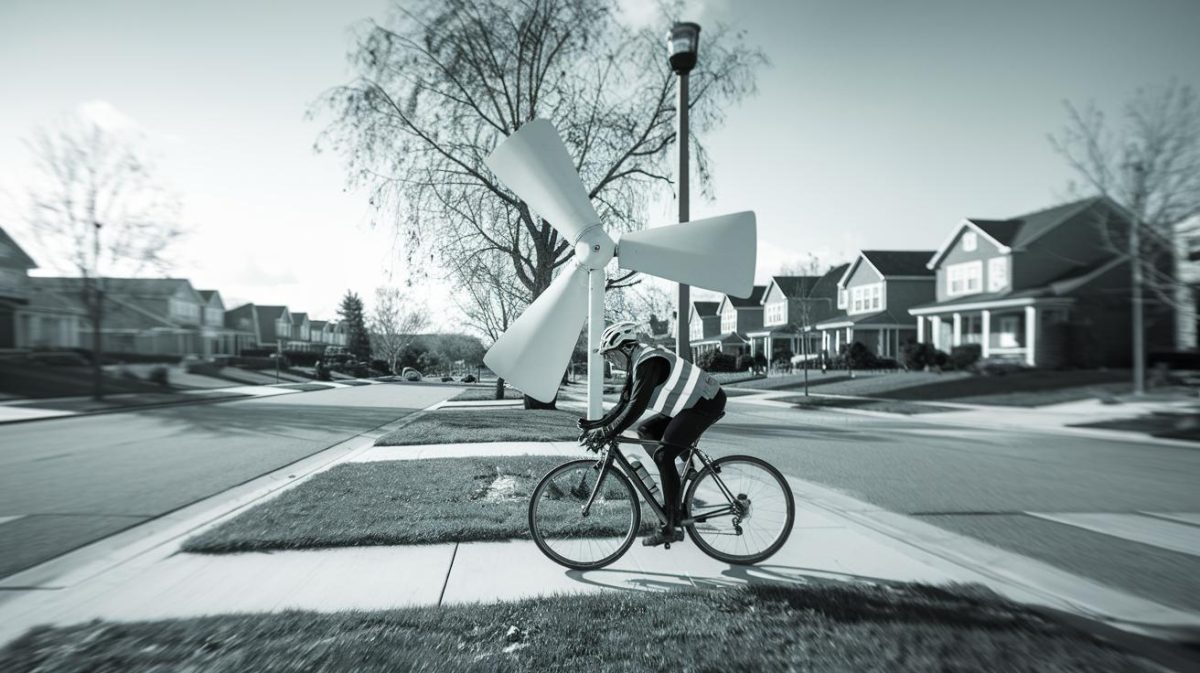 Un cycliste brave les règlements municipaux avec une éolienne personnelle, suscitant un débat intense sur l’urbanisme.